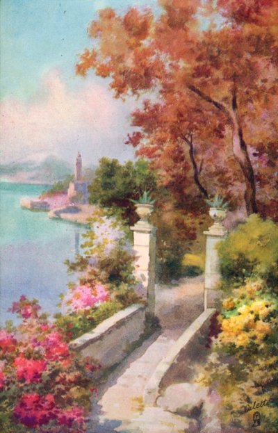 Uma villa no Lago Maggiore, Itália (litografia a cores) de Italian School