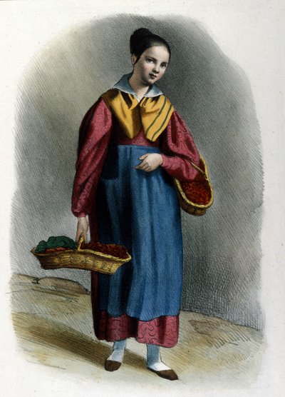 Uma jovem vendedora de morangos errante. Gravura Milanesa metier de Locarno, de 1830. de Italian School