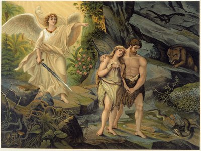 Adão e Eva expulsos do Paraíso terrestre (Éden) pelo Arcanjo - in "Aurea Bibbia classica: storia della rivelazione divina nell