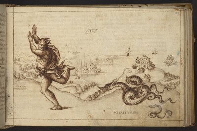 Adicionar. 82955, f.134 Figura humana perseguida por serpentes., de Historia Animalium de Italian School