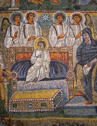 Adoração dos Magos, detalhe de Cristo rodeado por anjos (mosaico) de Italian School