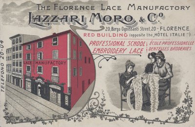 Anúncio para Lazzari Moro & Co rendas, Florença; Itália (cor litho) de Italian School