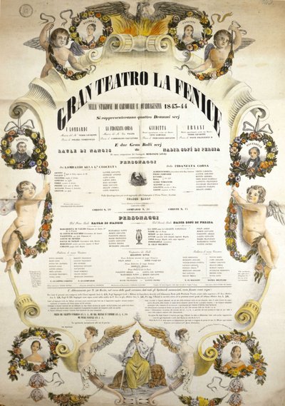 Cartaz do Teatro de La Fenice em Veneza para a temporada 1843 - 1844. de Italian School