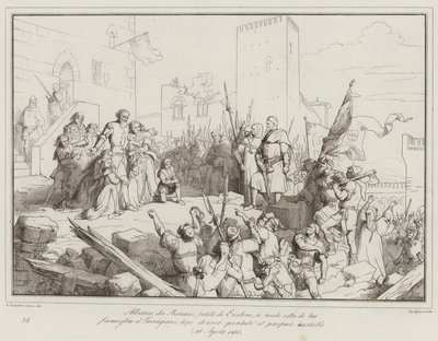 Alberico da Romano, irmão de Ezzelino, entrega-se com sua família ao Trevigiani (gravura) de Italian School
