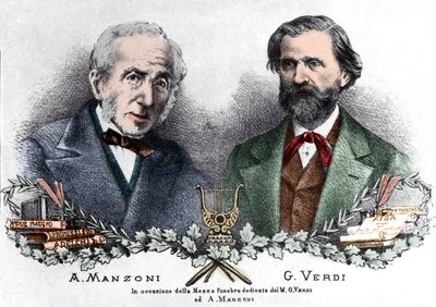 Alessandro Manzoni e Giuseppe Verdi por ocasião da Messa da Requiem (gravura colorida) de Italian School