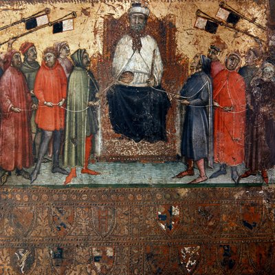 Alegoria do governo da cidade de Siena rodeado de cidadãos que estão simbolicamente ligados a ela por uma corda Pintura anónima sobre madeira de um Biccherna (capa do registo contabilístico da cidade de Siena) 1385. Siena Archivio di Stato, Itália de Italian School
