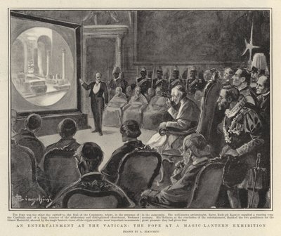 Um espetáculo no Vaticano, o Papa numa exposição de lanternas mágicas (litografia) de Italian School