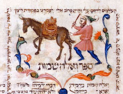 Um comerciante de azeite de oliva viajando na Toscana, ilustração da Torá, 1398 de Italian School