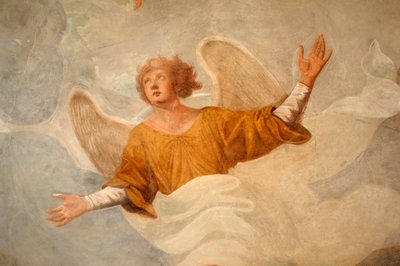 Anjo, pormenor de cenas da vida de São João (século XVII), fresco, batistério cristão primitivo, pórtico da Catedral de Novara, Piemonte, Itália de Italian School