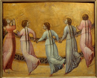 Anjos dançando na frente do sol. Rodada de anjos em fundo dourado, de mãos dadas. pintura anônima da escola italiana de Italian School