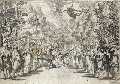 Apolo prestes a atacar o píton, de La Pellegrina por Girolamo Bargagli, gravado por Carracius de Italian School