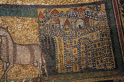 Detalhe da abside, Belém e ovelhas (mosaico) de Italian School
