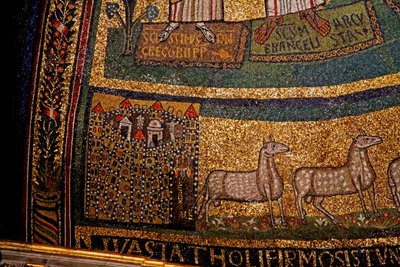 Detalhe de abside, Jerusalém e ovelhas (mosaico) de Italian School