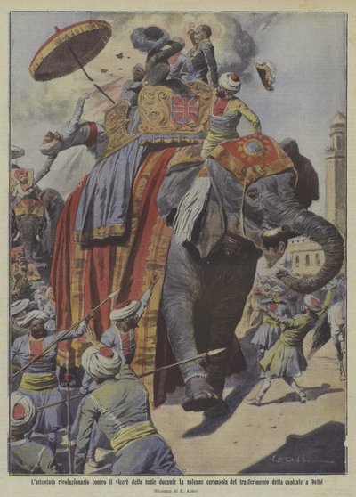 Tentativa de assassinato de Lord Hardinge, vice-rei da Índia (litografia a cores) de Italian School