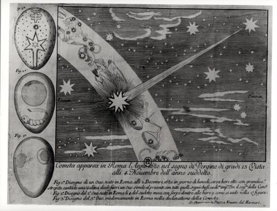 Diagrama astrológico do cometa que apareceu em Roma durante a Virgem e permaneceu visível até novembro de 1680 de Italian School