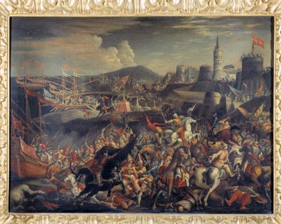 Ataque dos sarracenos na ilha de Malta, defendida pelos Cavaleiros Hospitalários em 1565 de Italian School