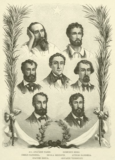 Avv Anacarsi Nardi, Domenico Moro, Emilio Bandiera, Nicola Ricciotti, Attilio Bandiera, Giacomo Rocca, Giovanni Venerucci (gravura) de Italian School