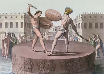 Guerreiros astecas em combate em um Cuauhxicalli, c.1820 de Italian School