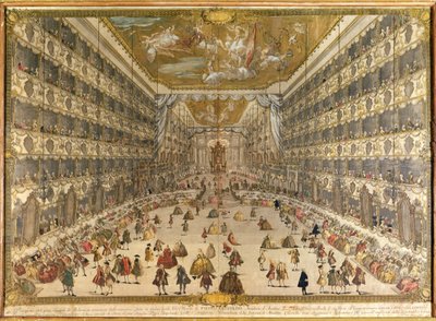 Bola em homenagem ao nascimento do arquiduque Pietro Leopoldo da Áustria, no Teatro Ducal de Milão, em 28 de maio de 1747 (gravura colorida) de Italian School