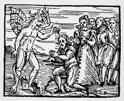 Batismo pelo Diabo, cópia de uma ilustração do Compendium Maleficarum pelo Pe. M. Guaccius, Milão 1608, usado em História da Magia, publicado no final do século XIX. de Italian School