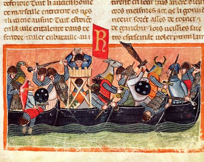 Batalha entre romanos e gauleses, de Le Vite di Dodici Cesari por Gaius Suetonius Tranquillus (c.75-150) de Italian School