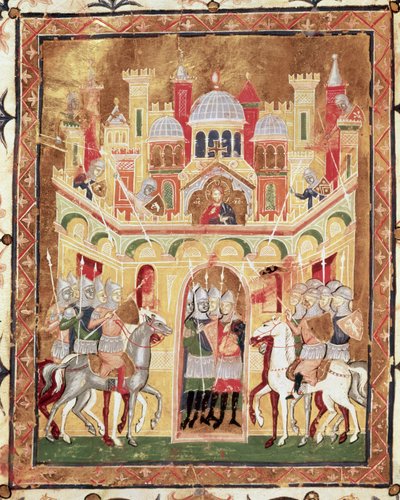 Cena de batalha nas muralhas de Jerusalém, da Descriptio Terrae Sanctae de Burcardus Theutonicus ou Burchard of Mount Sion de Italian School