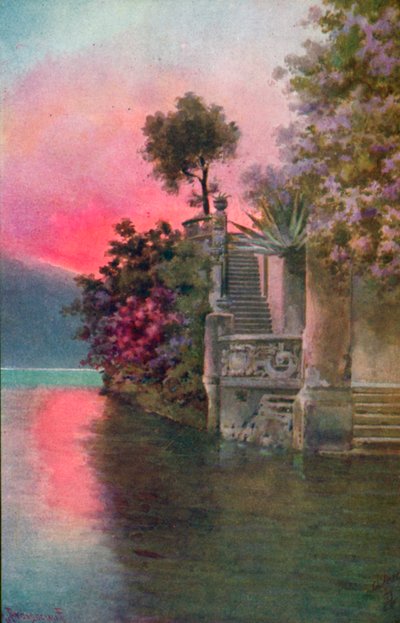Bellagio, Lago Como, Itália (litografia a cores) de Italian School