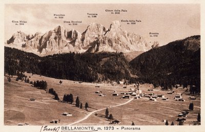 Bellamonte, aldeia de Predazzo, cartão postal, Trentino-Alto Adige, Itália, século XX de Italian School