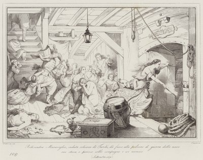 Bellisandra Maraviglia, escrava caída dos turcos, põe fogo à pólvora de guerra do navio onde (gravura) de Italian School