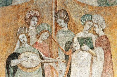 Bicocca degli Arcimboldi: fresco do século XV, detalhe de mulheres a tocar música (fresco) de Italian School