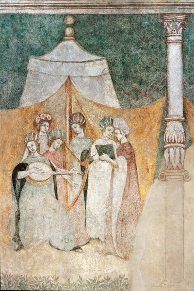 Bicocca degli Arcimboldi: fresco do século XV, detalhe de mulheres a tocar música (fresco) de Italian School
