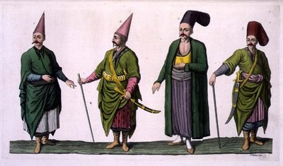 Bostandji, Khasseki e outros exemplos de fantasia otomana, placa 5 da Parte III, Volume I de "A História das Nações", gravado por V. Raineri (aquatint) de Italian School