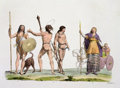Britânicos, Caledonianos e Rainha Boadicea, placa 4 da História das Nações (aquatint) de Italian School