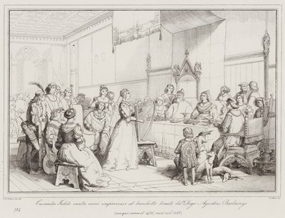 Cassandra Fedele canta versos improvisados no banquete realizado por Doge Agostino Barbarigo (gravura) de Italian School