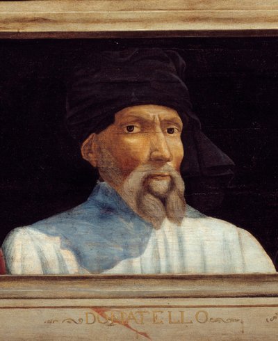 Cassone com 5 retratos do Mestre da Renascença Florentina com o retrato de Donatello (dit), Donato di Niccolo di Betto Bardi (1386-1466). A inscrição abaixo é provavelmente sucessiva. Musee du Louvre, Paris - Painel Cassone com f de Italian School