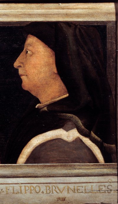 Cassone com 5 retratos do Mestre do Renascimento Florentino com o retrato de Brunelleschi Filippo (1377-1446). Escola italiana do século XVI. A inscrição abaixo é provavelmente sucessiva. Musee du Louvre, Paris. de Italian School