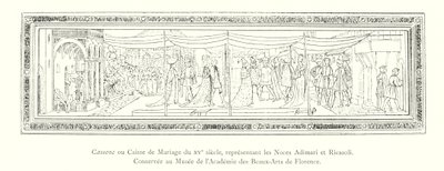 Cassone ou Caixa de Casamento do século XV, representando o Casamento Adimari e Ricasoli, guardado no Museu da Academia de Belas Artes de Florença (gravura) de Italian School