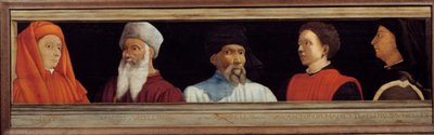 Cassone com 5 retratos do Mestre da Renascença Florentina (da esquerda para a direita Giotto di Bondone, Paolo Uccello, Niccolo Donatello, Antonio Manetti, Filippo Brunelleschi). Escola italiana do século XVI. A inscrição abaixo é provavelmente um sucesso de Italian School