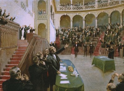 Cavour faz o primeiro parlamento nacional italiano aplaudir o rei Victor Emmanuel II (1820-1878) em 18 de fevereiro de 1861, ilustração de um álbum sobre a história do Risorgimento feito para o chocolate de Italian School