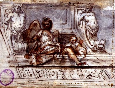 Desenho de tecto com a Musa da Música, c.1700 (caneta e tinta com aguarela sobre papel) de Italian School