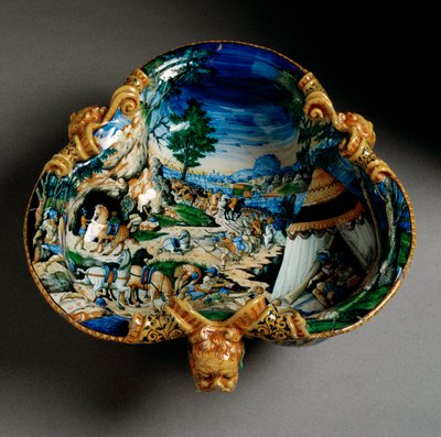 Taça de cerâmica em forma de árvore decorada da representação de Hannibal durante a travessia dos Alpes produzida em Urbino, na oficina Fontana, Itália. 1550 ao redor de Florença, Museo Nazionale del Bargello de Italian School