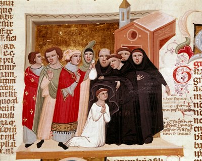 Cerimónia do hábito de um monge miniatura do "Decret de Gratien" ("Concordia discordantium canonum" ou "Decretum Gratiani") datada de 1140 e que regula as leis e os cânones da Igreja Católica Romana. Século XIV Siena, Biblioteca degli Intronati de Italian School