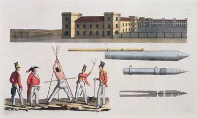 Chatham Barracks, um castigo militar chamado Triângulo e Congreve Rockets, prato 17 da História das Nações (aquatint) de Italian School