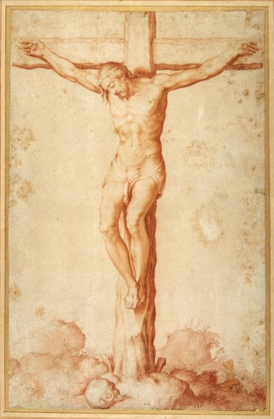 Cristo Crucificado no Gólgota (giz vermelho no papel) de Italian School