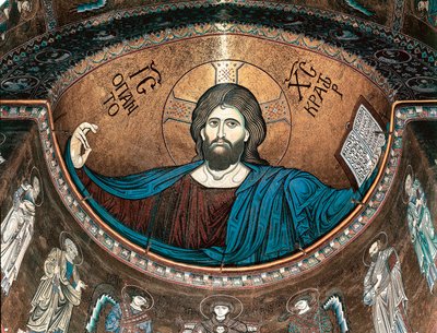 Cristo pantocrator ou Cristo em Glória, decorando a abside da catedral de Monreale, Sicília, Itália de Italian School