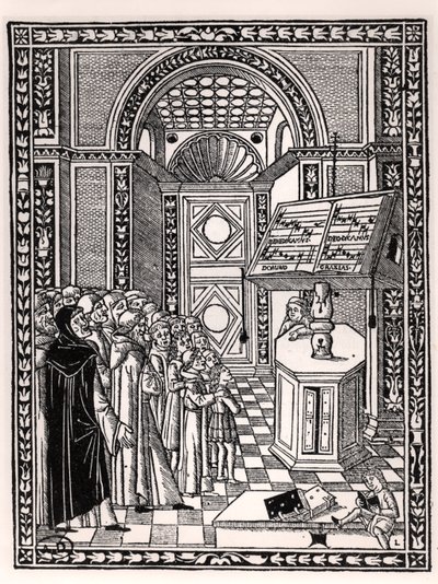 Coro da igreja, ilustração da Practica Musicae de Franchino Gaffurio (1451-1522), publicada em Veneza 1512 de Italian School