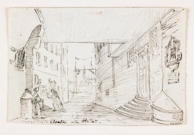 Rua da cidade de Gênova, com o farol e o porto ao fundo, início do século XIX (caneta e tinta marrom sobre giz preto) de Italian School