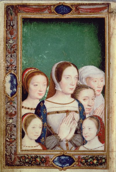 Claude de França, Eleanor da Áustria e as três filhas de Francisco I, das "Horas de Catarina de Médicis" (vellum) de Italian School