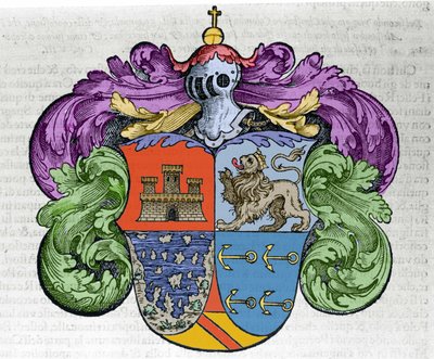 Brasão do navegador Cristóvão Colombo (1451-1506): as quatro partes do ecu representam no topo a cidade de Castela e Leão, abaixo das ilhas descobertas e os símbolos das âncoras dos admiradores. Gravura do livro "Navigationi e Viaggi". de Italian School