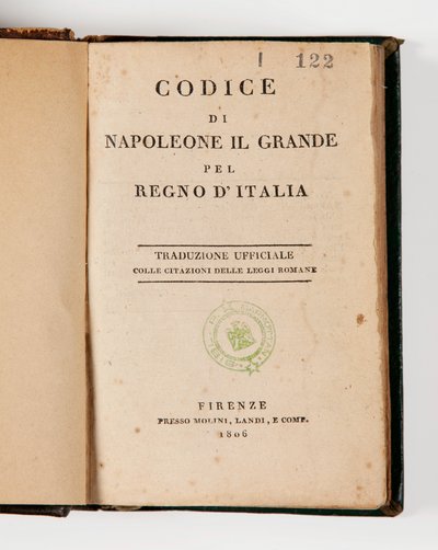 Código de Napoleão, o Grande, para o Reino da Itália, aberto na página de título, publicado em Firenze, Molini, Landi et Cie, 1806 (impresso) de Italian School